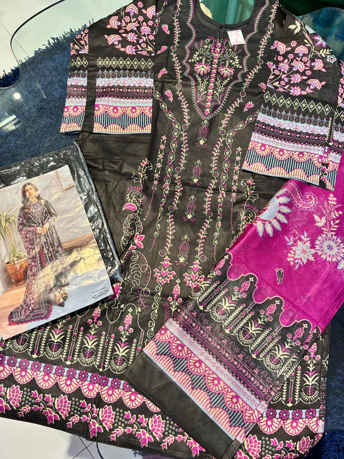 Sunehri Magenta Noir | Lawn Cotton Pakistani Suit Set