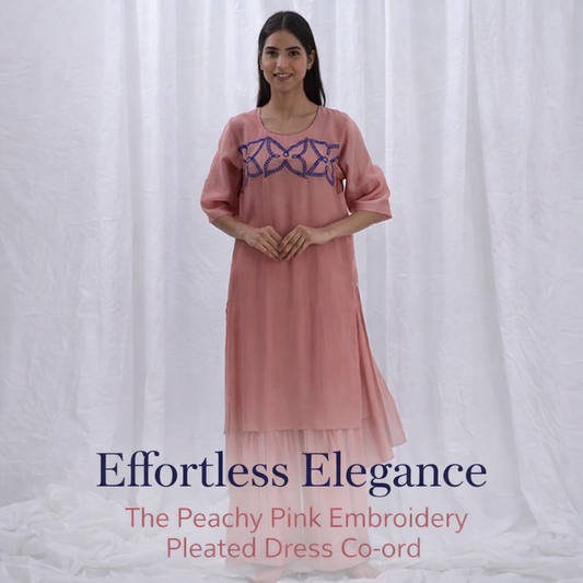 Effortless Elegance: The Peachy Pink Embroidery Pleated Dress Co-ord