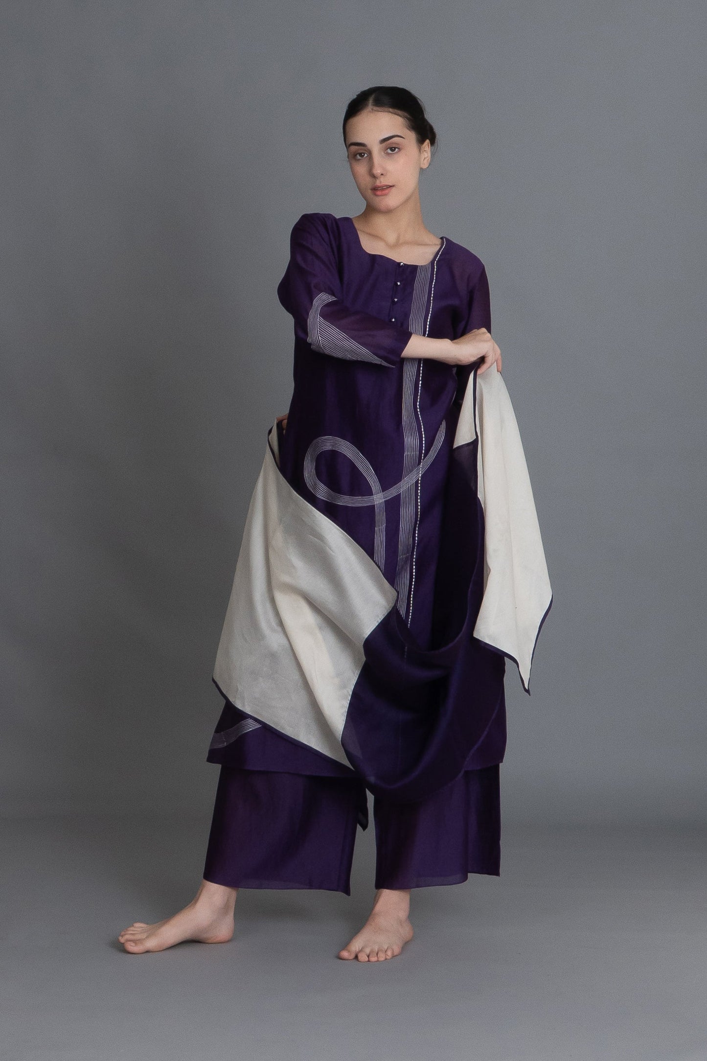 Purple Embroidered Dress Co-ord with Scraff