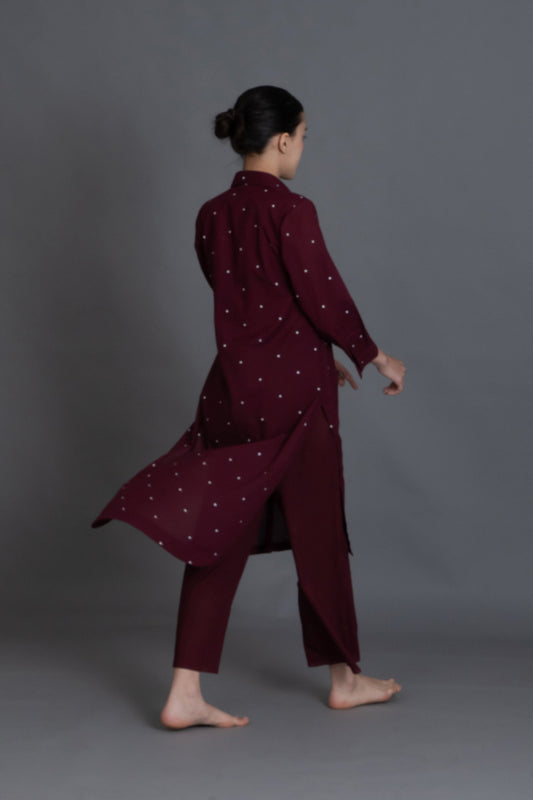 Burgundy Dot Front-Open Shirt Co-ord