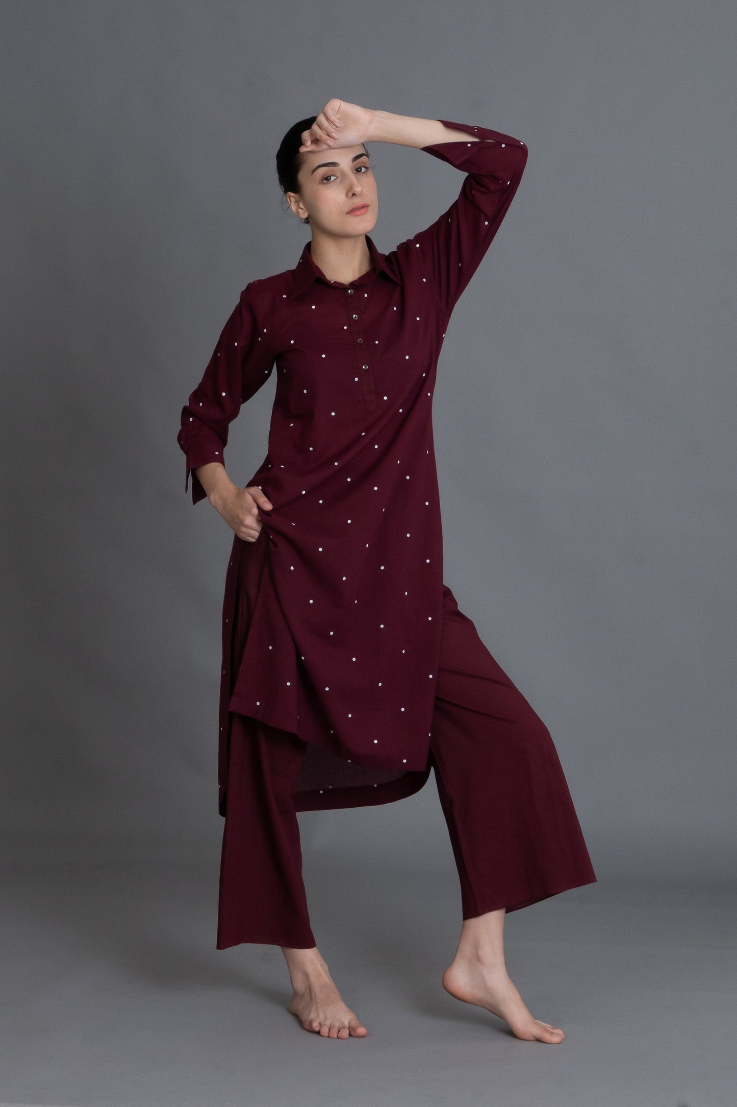 Burgundy Dot Front-Open Shirt Co-ord