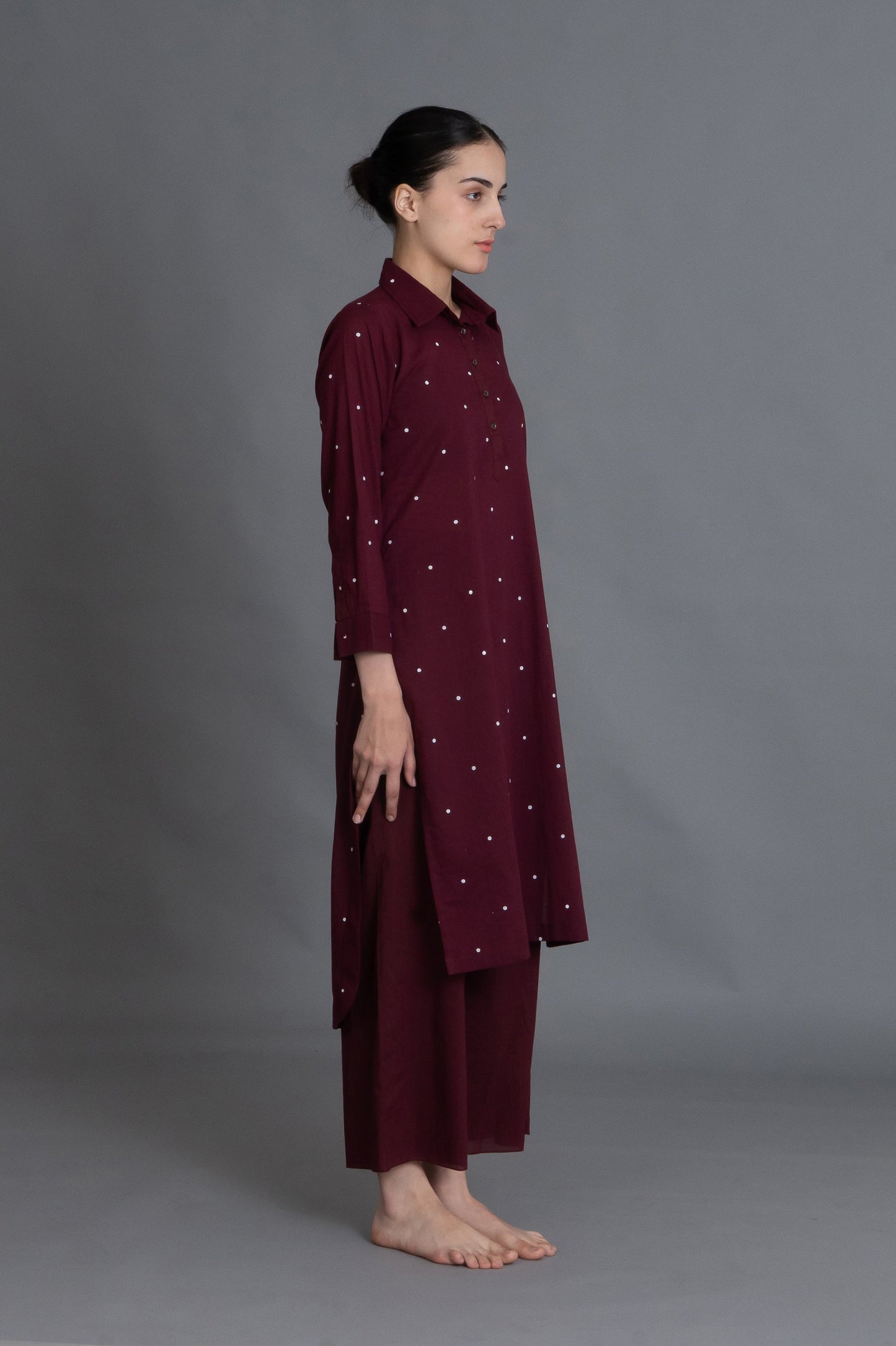 Burgundy Dot Front-Open Shirt Co-ord