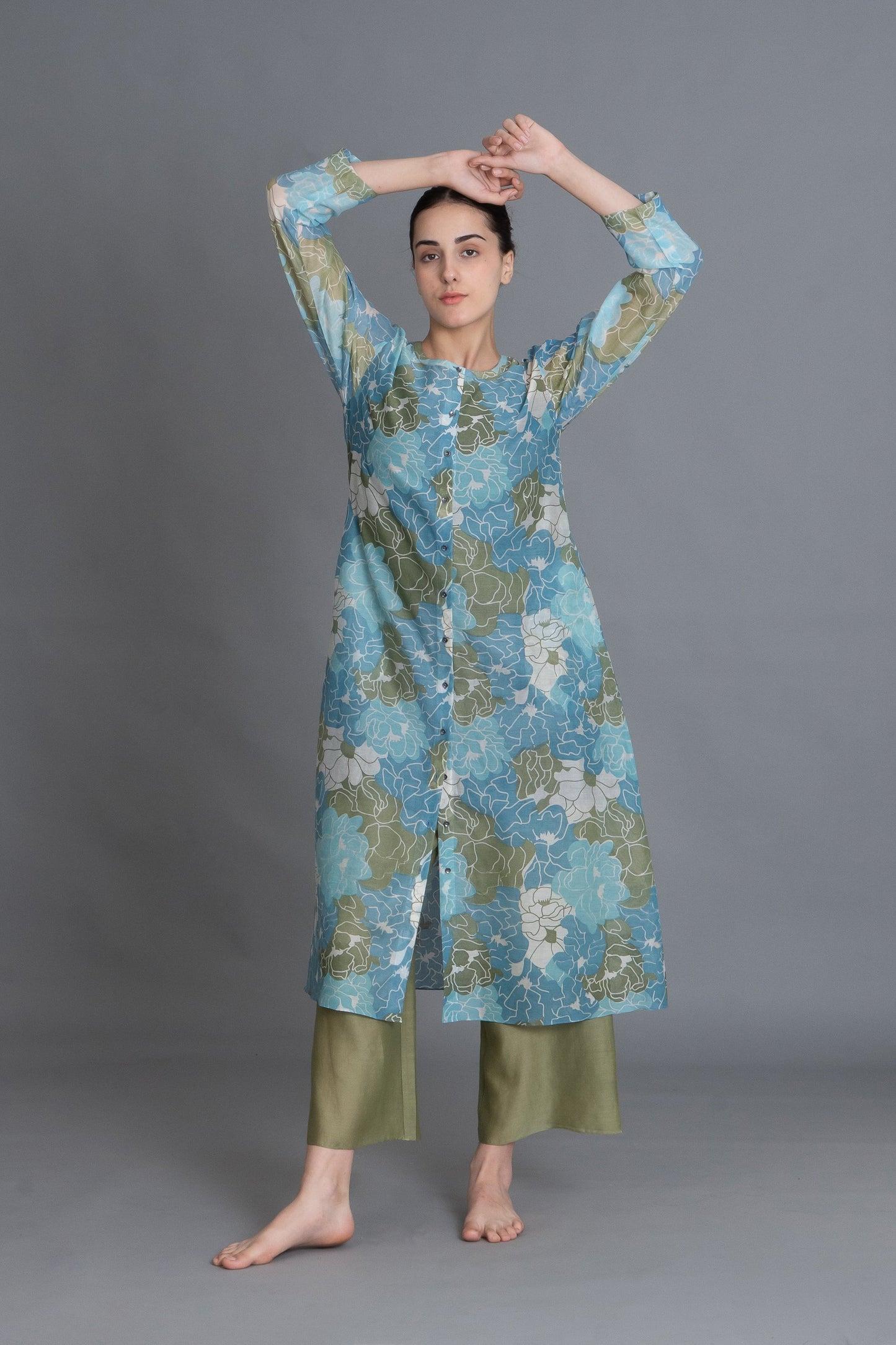 Ocean Blue Floral Print Kurta Co-ord