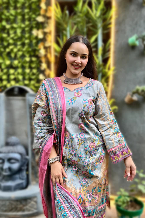 Aira Silver Bloom | Lawn Cotton Pakistani Suit Set