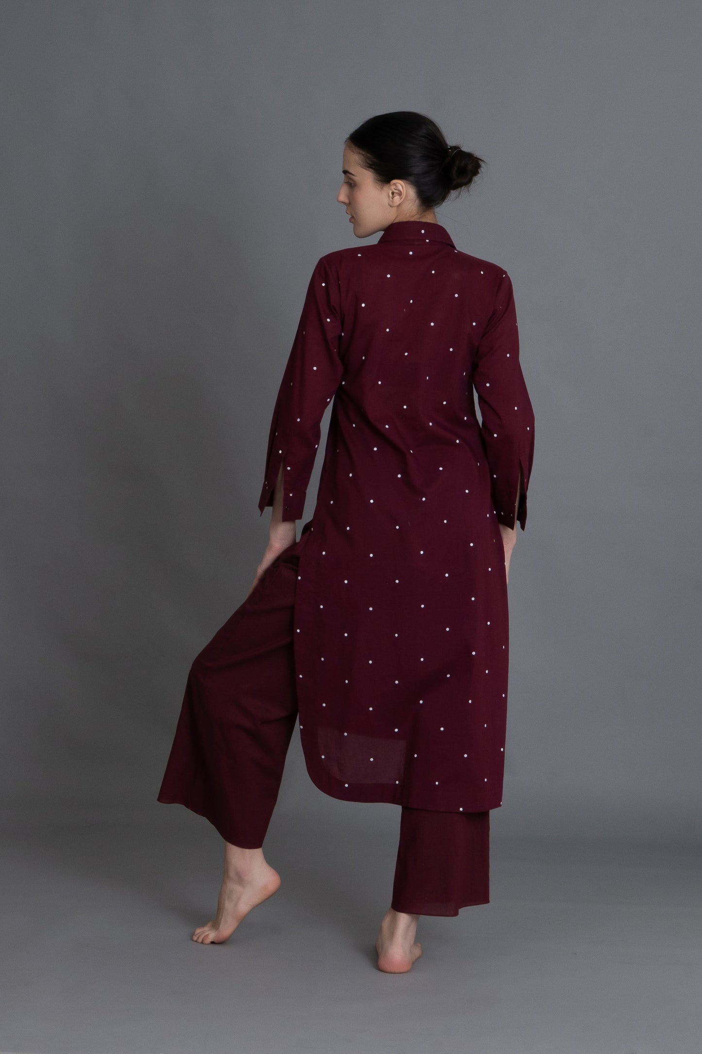 Burgundy Dot Front-Open Shirt Co-ord