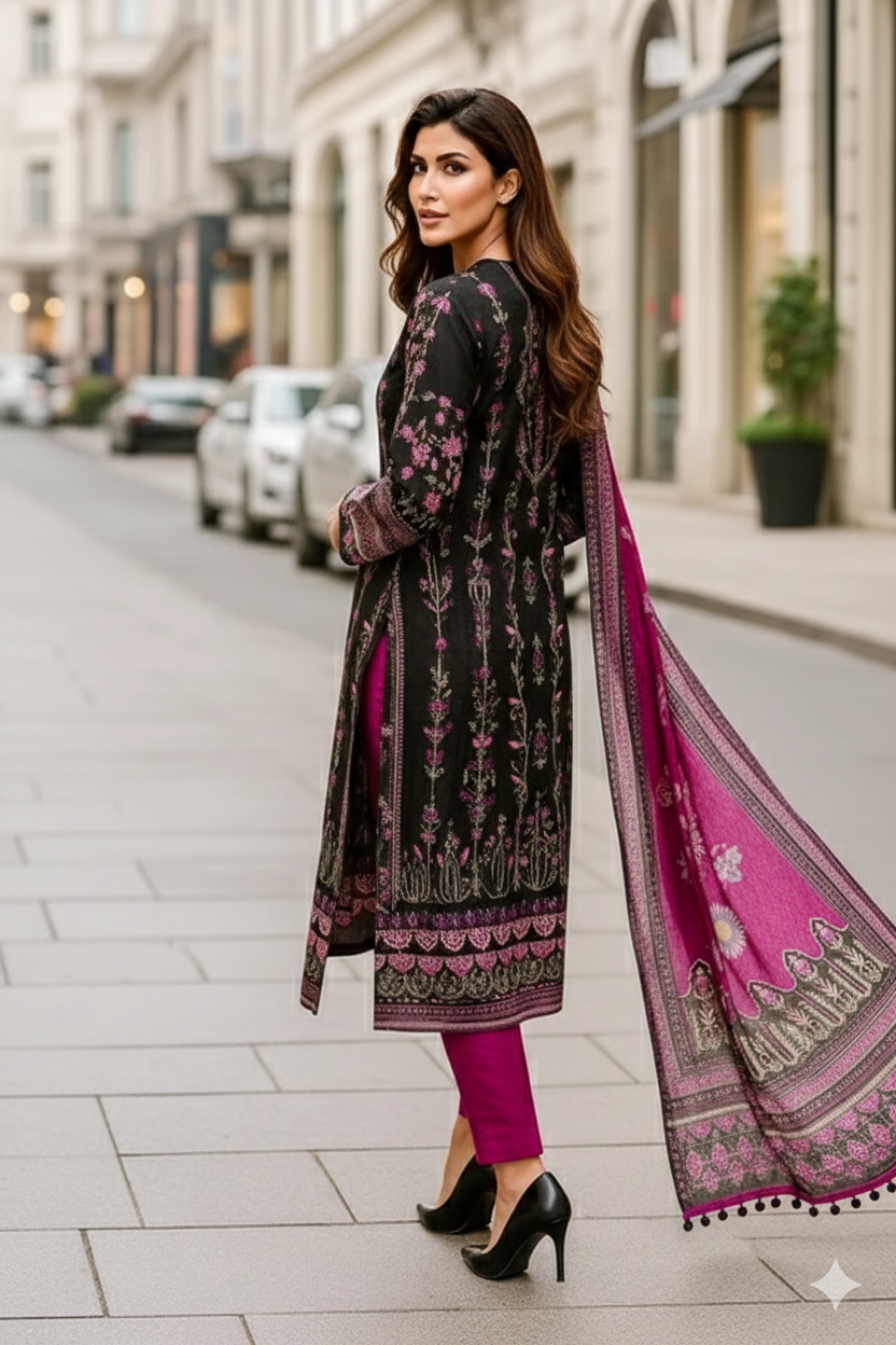 Sunehri Magenta Noir | Lawn Cotton Pakistani Suit Set